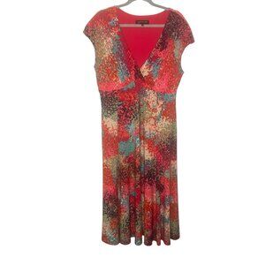 Vibrant Abstract Midi Dress Womens 16 V-Neck Faux Wrap Stretch Office Party
